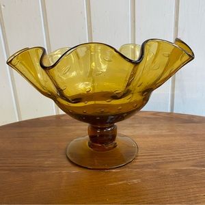 Amber Vintage Bullicante Bubble Glass Ruffled Pedestal Centerpiece Fruit Bowl